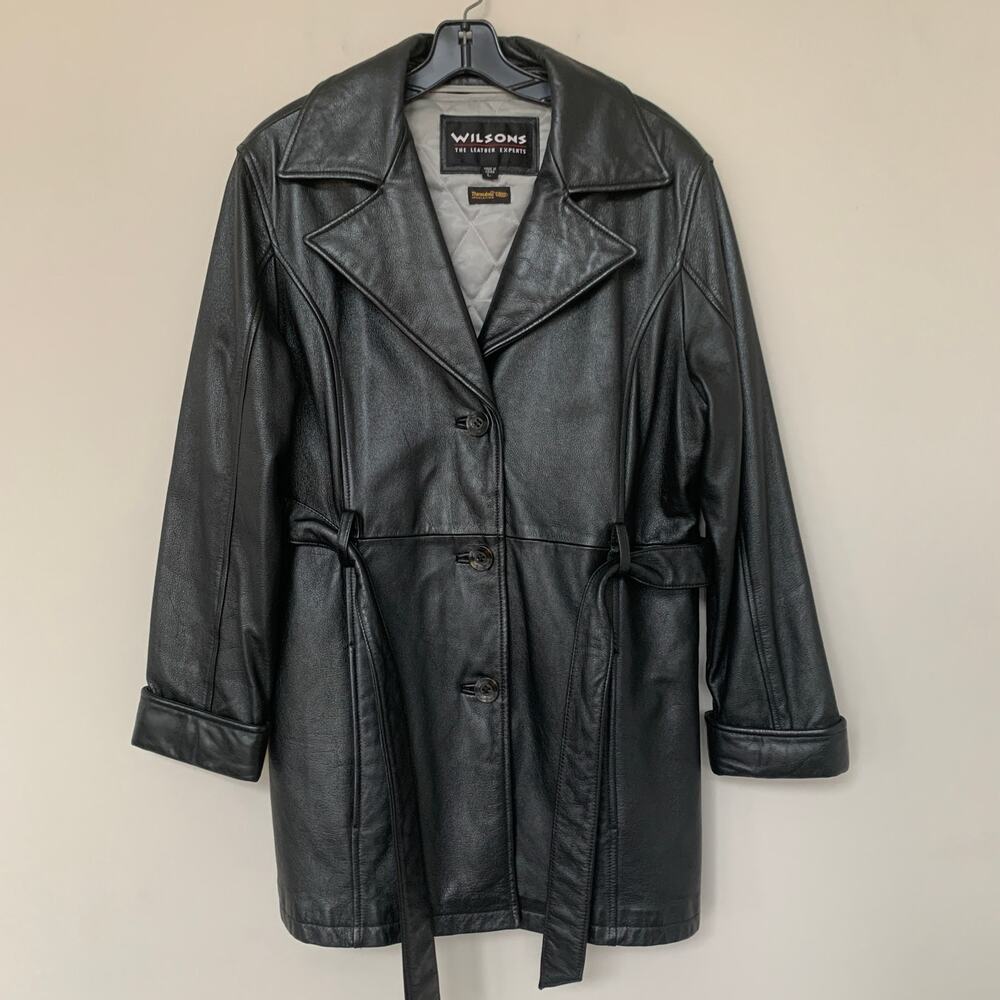 Wilsons leather coat Thinsulate quilted lining button front pockets belted Large